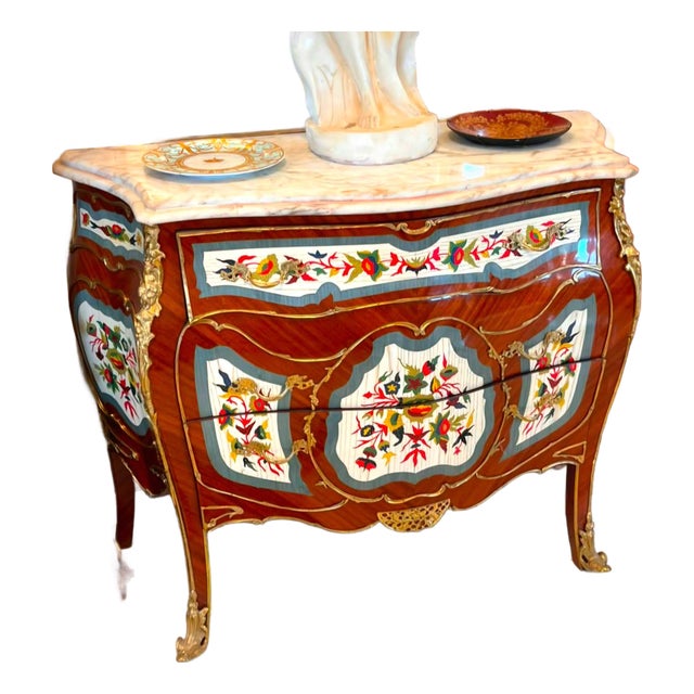French Louis XV Bombe Dresser With Marble Top, Floral Marquetry & Bronze Ormolu Mounts For Sale
