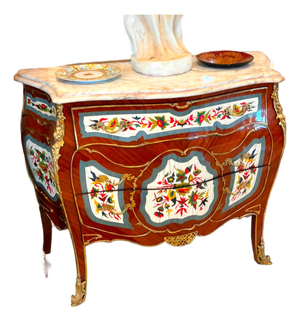 French Louis XV Bombe Dresser With Marble Top, Floral Marquetry & Bronze Ormolu Mounts