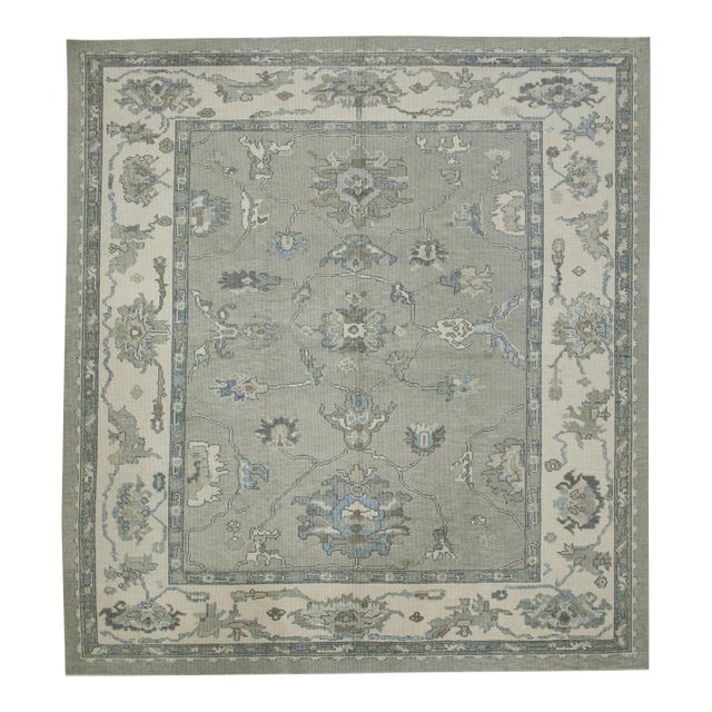 Early 21st Century Gray Floral Design Handwoven Wool Turkish Oushak Rug 8'11" X 9'9" For Sale
