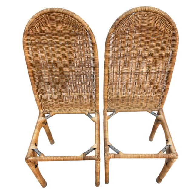 Wood Vintage High Back Rattan Dining Chairs With Tall Arched Backs – Hollywood Regency Coastal, a Pair For Sale - Image 7 of 9