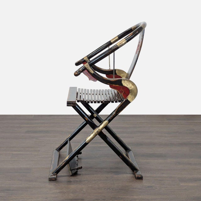 Chinese Chinese Folding Horseshoe Prayer Lounge Chair With Red and Gold Accents For Sale - Image 3 of 8