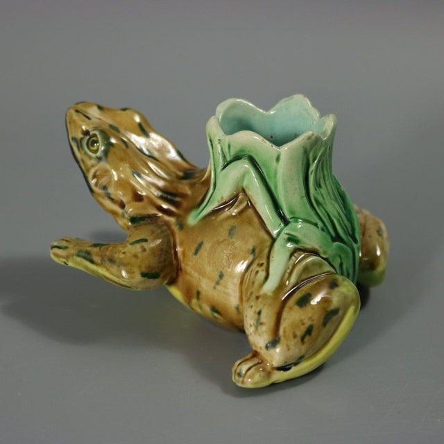 19th Century Rare Holdcroft Majolica Frog Toothpick Holder For Sale - Image 4 of 8