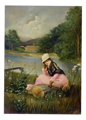 James Richard, Seated Girl in a River Landscape, 20th Century, Oil on Canvas