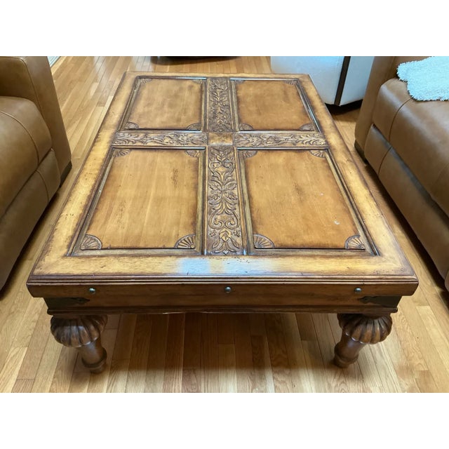 Vintage Indonesian Hand-Carved Wood Coffee Table With Floral Cross Motif For Sale - Image 9 of 11