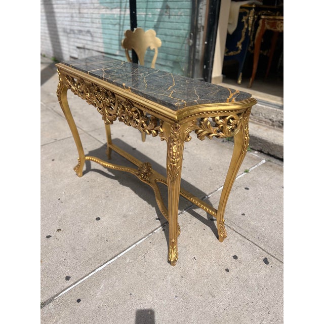 French 1960s Gold Leaf Console Table With Marble Top For Sale - Image 3 of 11