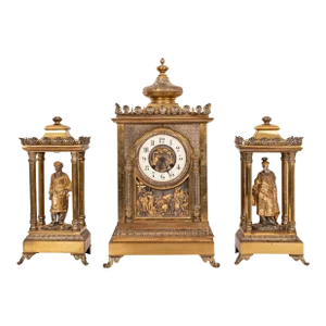 Antique French Orientalist Arab 8 Day Gilt Bronze Statue Clock Garniture, 1880