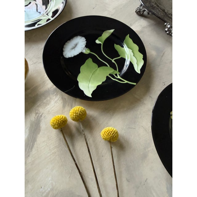 1970s 1978 Fitz and Floyd Fleur De Minuit Salad Plates 7.5 Inch Black Floral Vintage - Set of 4 For Sale - Image 5 of 12