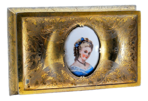 Gold-Plated Silver Jewelry Box with Engraved Plant Motifs and Enameled Lady Portrait