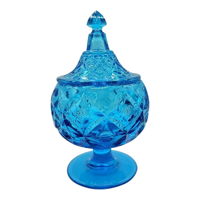 Vintage Mid Century Modern Fostoria Blue Glass Pedestal Compote Dish With Lid For Sale