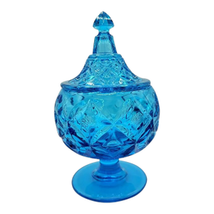 Vintage Mid Century Modern Fostoria Blue Glass Pedestal Compote Dish With Lid