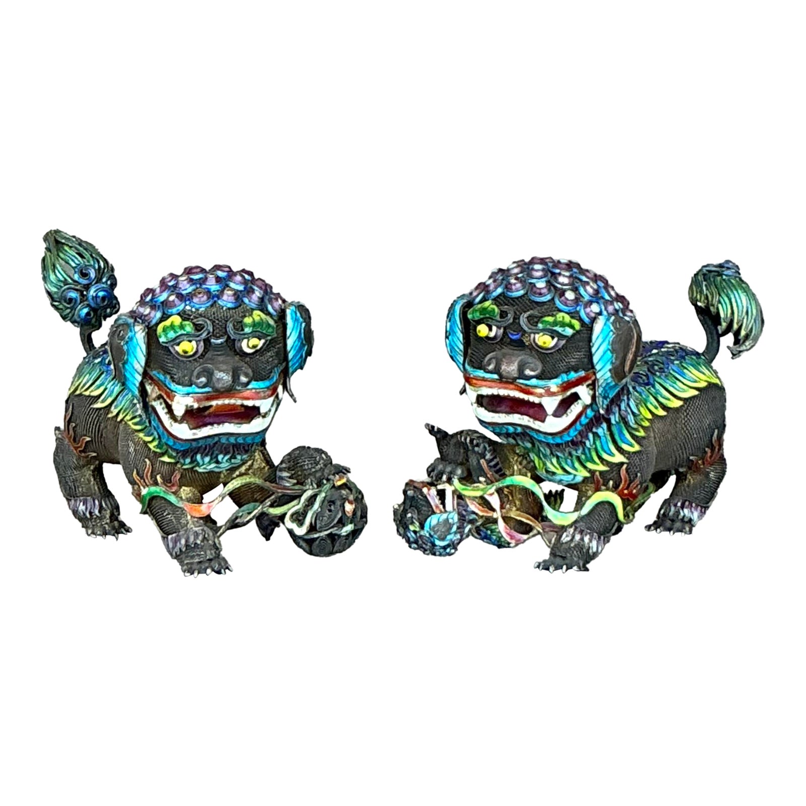 Vintage Chinese Silver 925 Enameled Foo Dogs - Set of 2 | Chairish