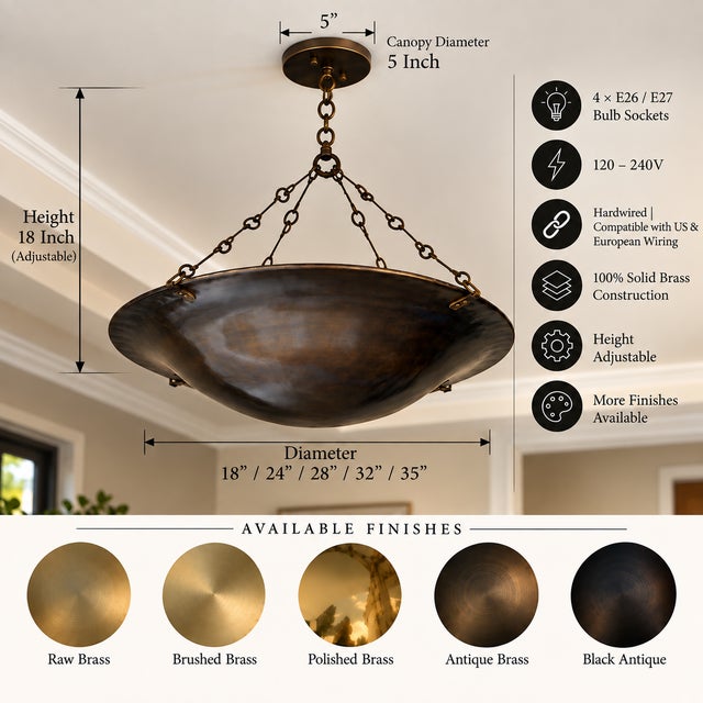 Bring a warm, sculptural look to your space with this handmade brass bowl chandelier. Its broad, gently curved shade hangs...