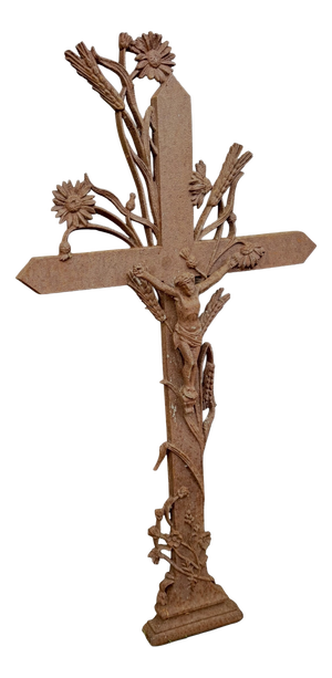 Antique Cast Iron Christ Cross with Wheat Sheaves and Floral Decoration, 1915