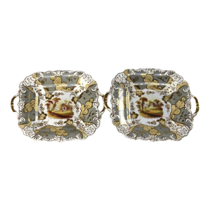 Pair of Antique Hand Painted & Gilt Porcelain Landscape Serving Platters, Circa 1890