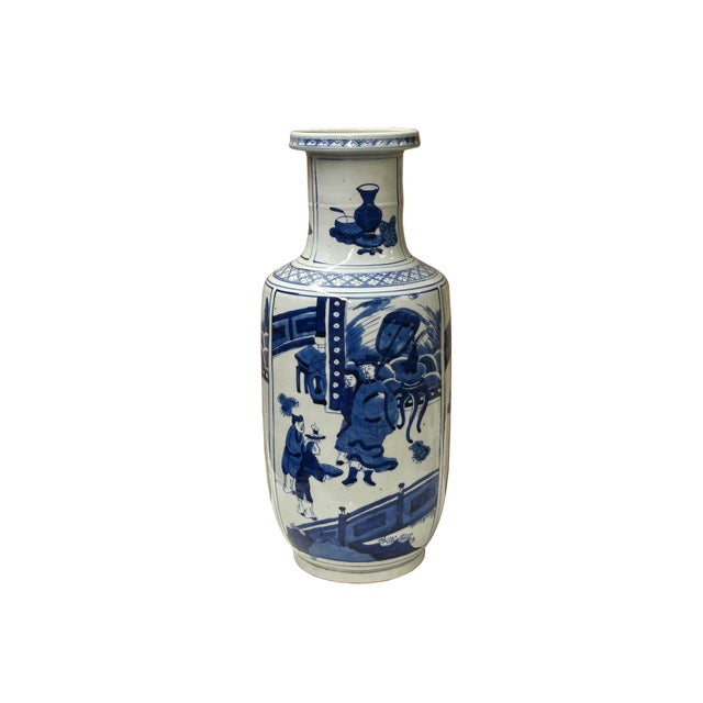 Asian Oriental Blue White People House Gathering Graphic Porcelain Art Vase For Sale - Image 3 of 11