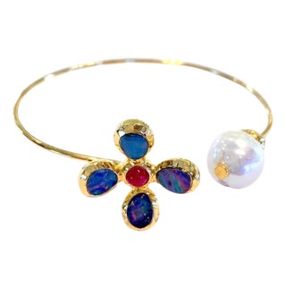 Bochic "Jungle" Vintage Ruby & Opal and South Sea Pearl Bangle 18K Gold & Silver For Sale