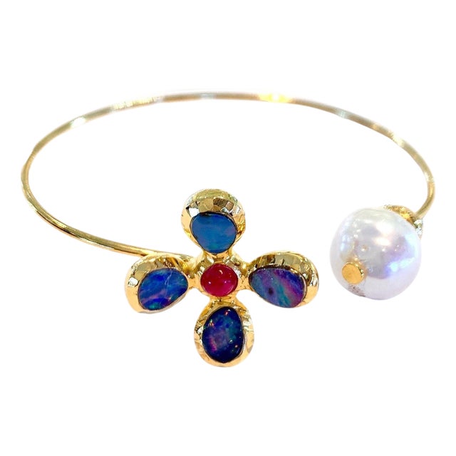 Bochic "Jungle" Vintage Ruby & Opal and South Sea Pearl Bangle 18K Gold & Silver For Sale