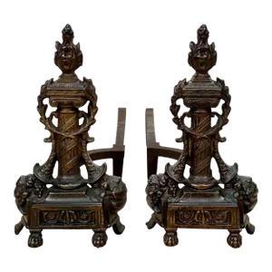 Antique Rococo French Torch Bronze Fireplace Andirons - a Pair