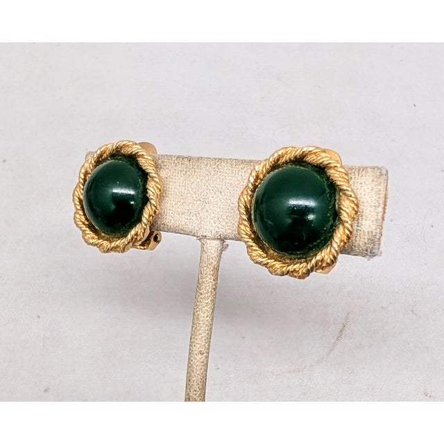 Hattie Carnegie Vintage 1950s Signed Hattie Carnegie Round Goldtone Cabochon Faux-Dark Green Jade Clip Earrings-2 Pieces For Sale - Image 4 of 7
