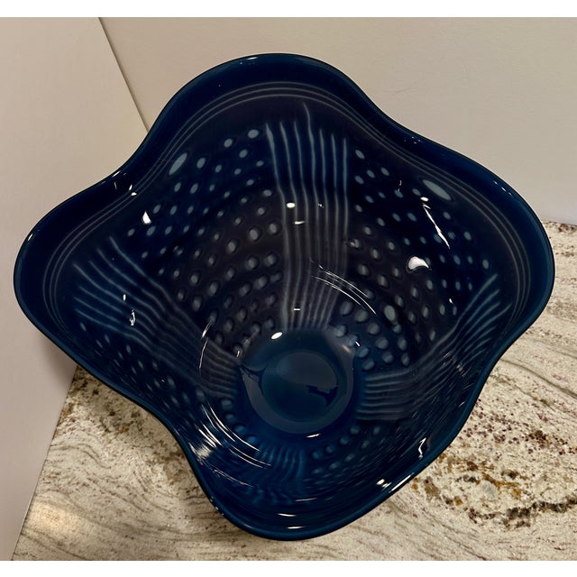 Large Signed 1993 Gunnar Cyrén for Orrefors Cobalt Blue Handkerchief Art Glass Centerpiece Bowl For Sale - Image 14 of 15