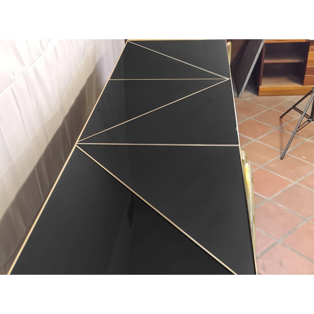 Contemporary Buffet Sideboard Birch Wood & Black Venetian Glass With Brass Handles & Feet For Sale - Image 3 of 5