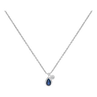 14K White Gold 6x4mm Pear Blue Sapphire and Diamond Accent Charm Pendant Necklace - 18" Inches For Sale