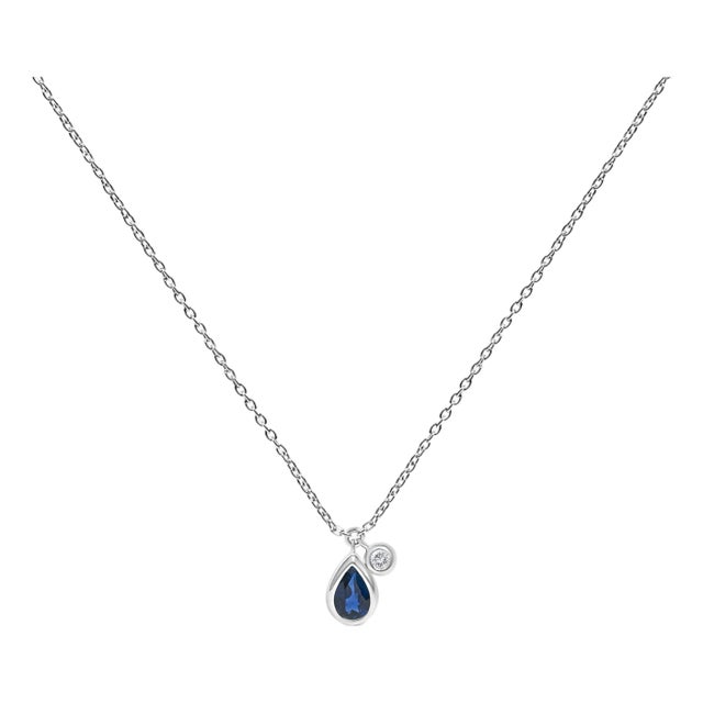 14K White Gold 6x4mm Pear Blue Sapphire and Diamond Accent Charm Pendant Necklace - 18" Inches For Sale