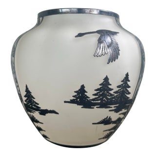 1920s American Frosted Glass Vase With Silver Overlay Forest & Goose Scene For Sale