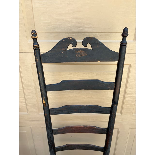 Pair of Antique Black Painted Shaker Ladder Back Chairs With Rush Seats For Sale - Image 9 of 18
