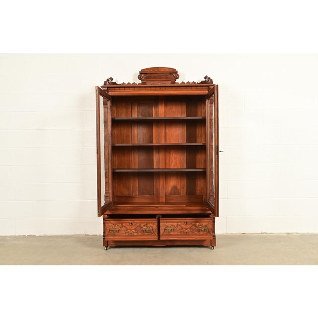 Late 19th Century Herter Brothers Style Antique Eastlake Victorian Carved Burled Walnut Bookcase, Circa 1880s For Sale - Image 5 of 13