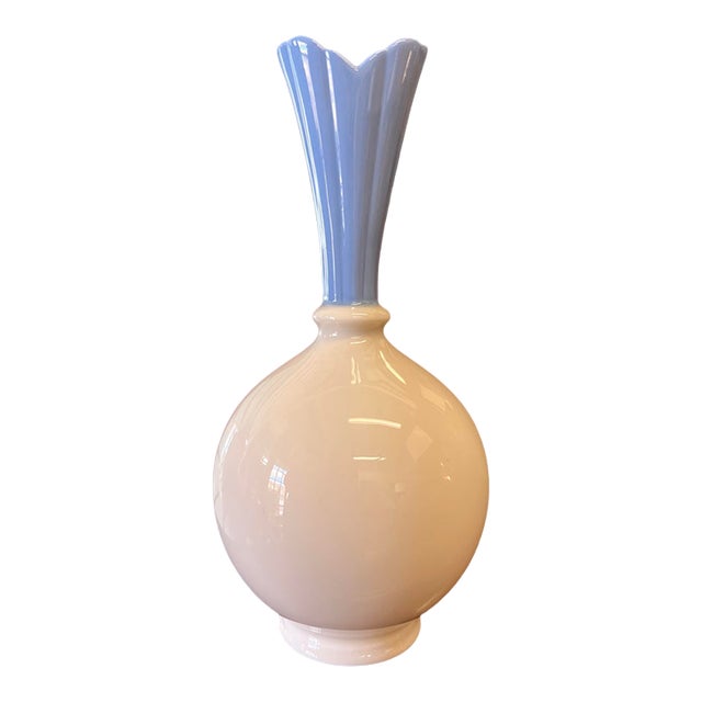 Mid-Century Modern Art Deco Style Ceramic Bulb Vase – Ivory & Powder Blue For Sale