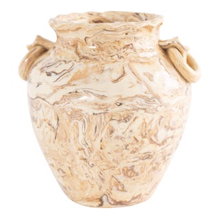 Vintage Beige and Off White Marbled Ceramic Vase For Sale