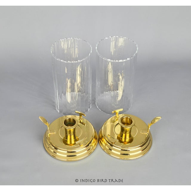 Mid-Century Modern Pair of Vintage Brass Candlestick Holders With Fluted Glass Hurricane Shades For Sale - Image 3 of 6