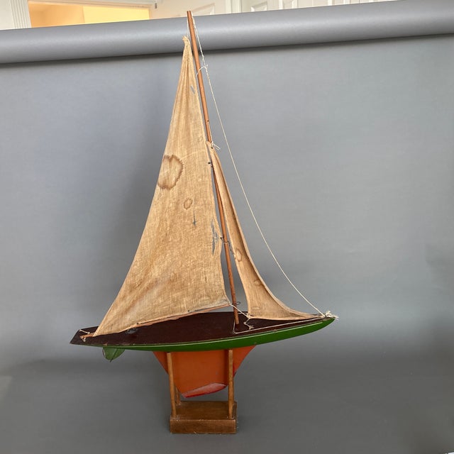 Early 20th Century Antique Green Hulled Sailboat With Red Keel and Metal Wheel and Rudder. For Sale - Image 5 of 5