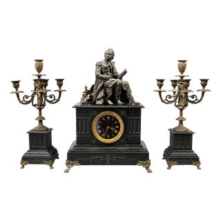 Table Clock and Candelabra Garnish, 19th Century, Set of 3 For Sale