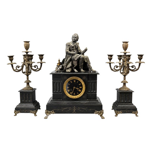 Table Clock and Candelabra Garnish, 19th Century, Set of 3 For Sale