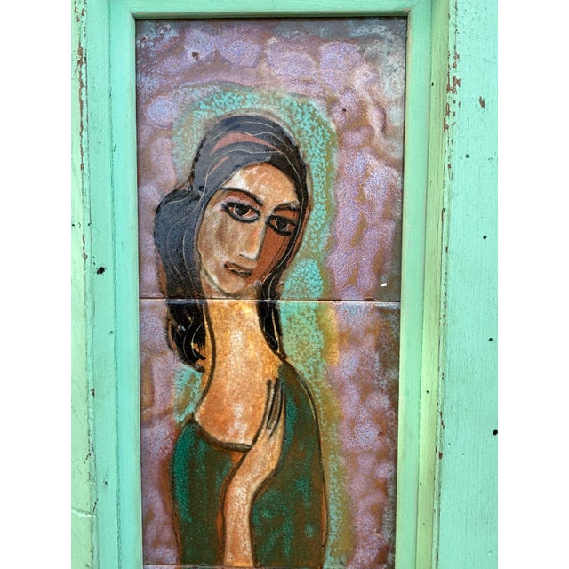 Harris G. Strong Pair of Painted Tile Wall Plaques of Two Women by Harris G. Strong For Sale - Image 4 of 10