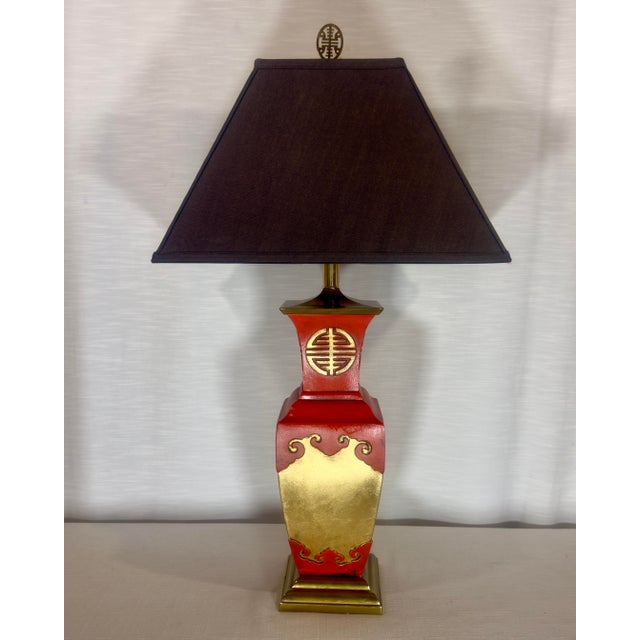 Mid-Century Modern Vintage James Mont Style Tole Lamp by Turtle and Crane - Bespoke Cinnabar & Gold Leaf - Newly Painted For Sale - Image 3 of 14