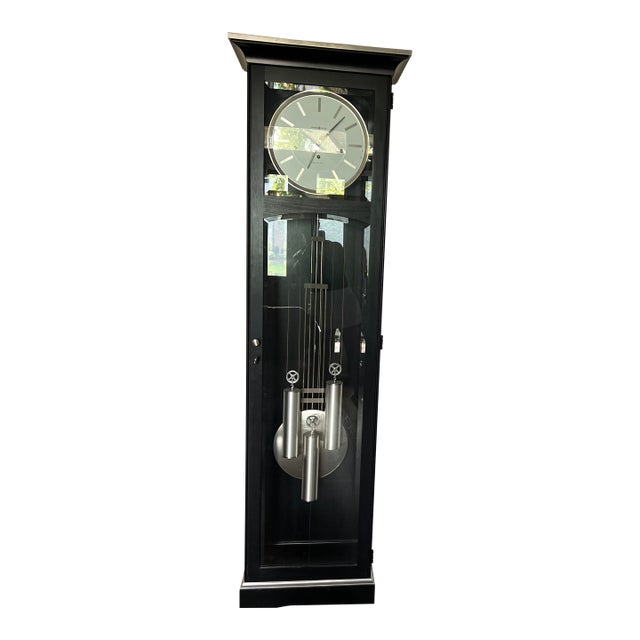 Contemporary Howard Miller "Urban" Series Grandfather Clock in Black/Espresso With Brushed Nickel Accents For Sale