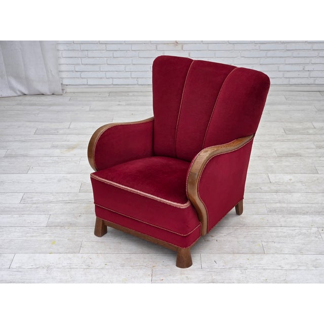 Red Danish Armchair in Red Velour and Oak, 1950s For Sale - Image 8 of 17