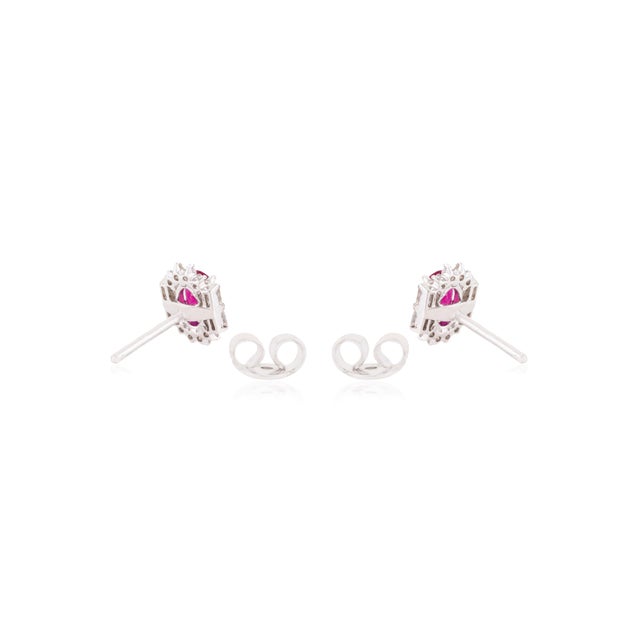 Metal Mozambique Oval Ruby Diamond Halo Stud Earrings in 14k White Gold- 2 Pieces For Sale - Image 7 of 11
