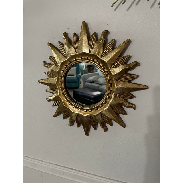 Vintage Mid Century Modern Gilded 12.5" Sunburst Wall Accent Mirror For Sale - Image 16 of 17