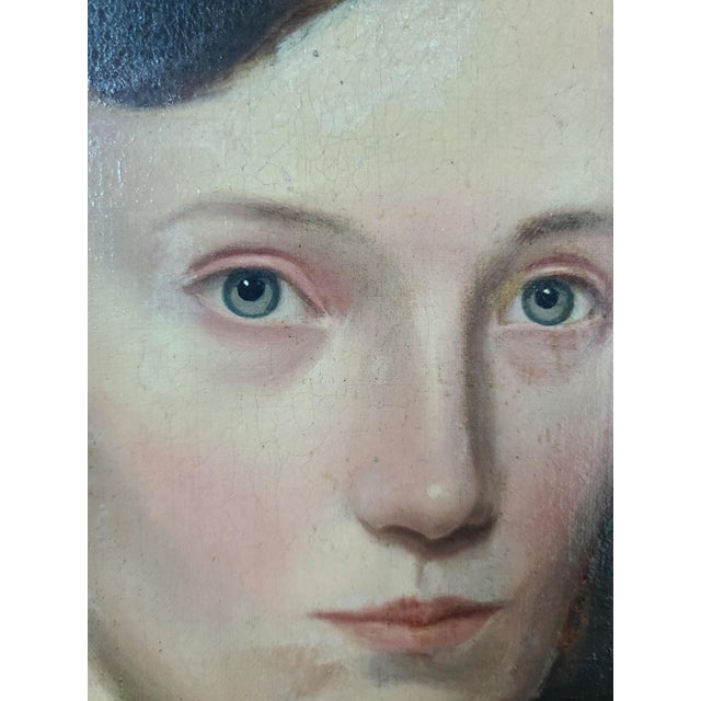 19th Century Antique 19th Century American Folk Art Oil Painting Portrait of a Woman in Black For Sale - Image 5 of 17