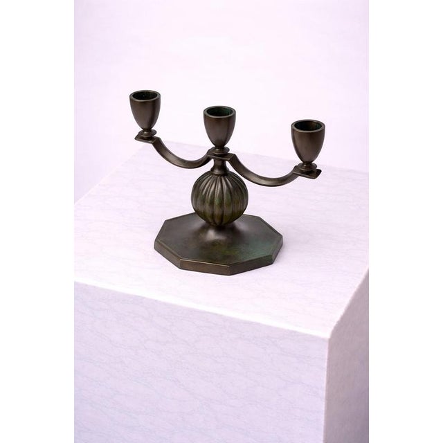 Swedish Art Deco Bronze Three-Arm Candleholders by Jacob Ängman for Gab, 1930s, Set of 2 For Sale - Image 4 of 8