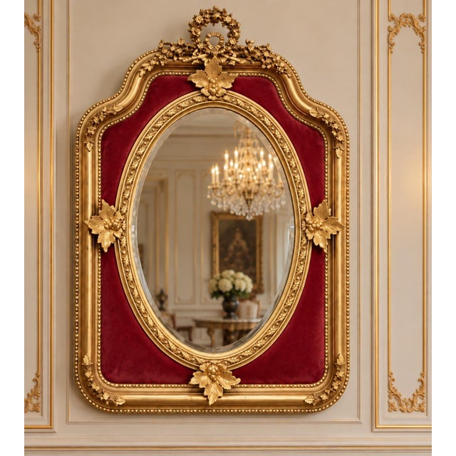 This elegant mid-20th-century French Louis XVI–style wall mirror combines neoclassical symmetry with rich gold leaf and...