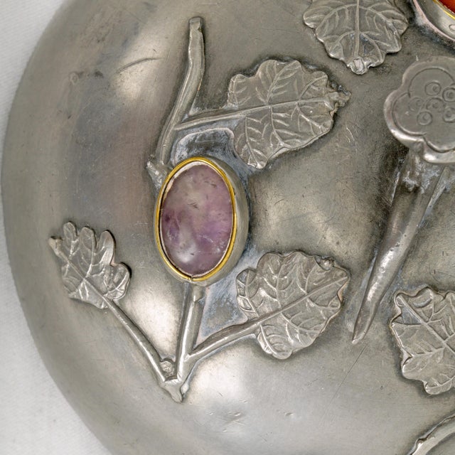 Antique Chinese Pewter Jeweled Lidded Bowl With Gemstones Republic Period For Sale - Image 11 of 13