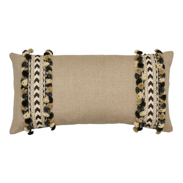 Contemporary Schumacher Piet Performance Linen Flax Two-Sided Pillow With Maracana Pom Tape For Sale