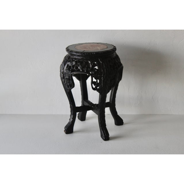 Asian Carved Rosewood Style Wood Stool Plant Stand With Inset Marble Top Vintage Mid-Century For Sale - Image 17 of 17