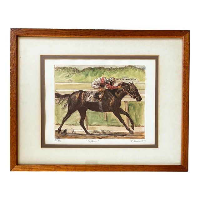 Vintage 1984 Hand Colored Etching of Famous Race Horse “Ruffian” and Jockey For Sale