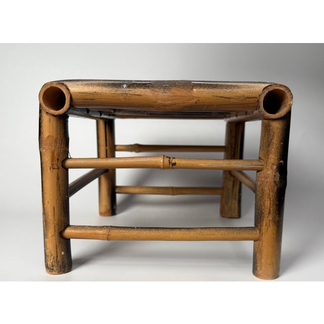 Wood Boho Chic Bamboo Black Painted Distressed Low Riser/Plant Stand For Sale - Image 7 of 10